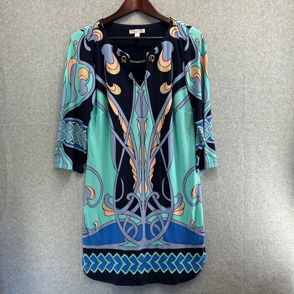 DB Established 1962 Shift Dress Blue Green Geometric Art Nouveau Print Size Med